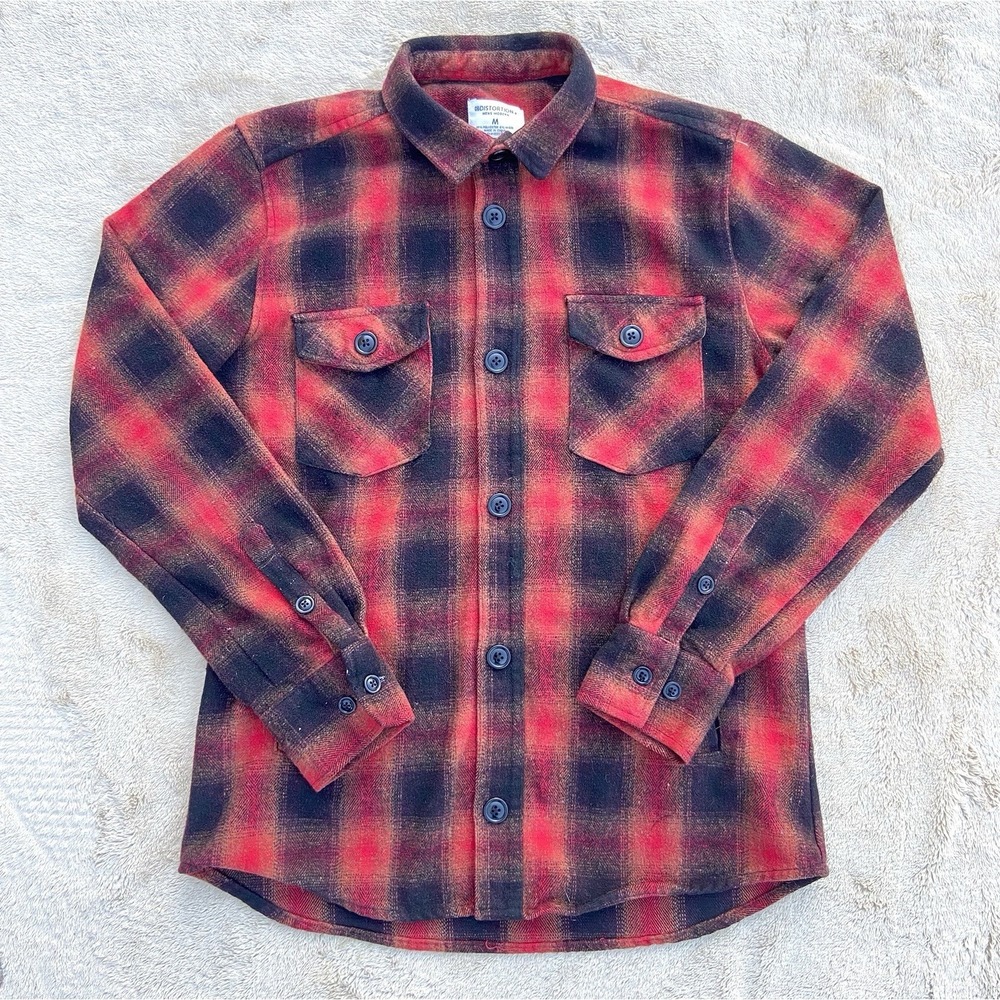 Distortion Flannel Shirt Men's M Red Black Plaid Wool Long Sleeve Workwear